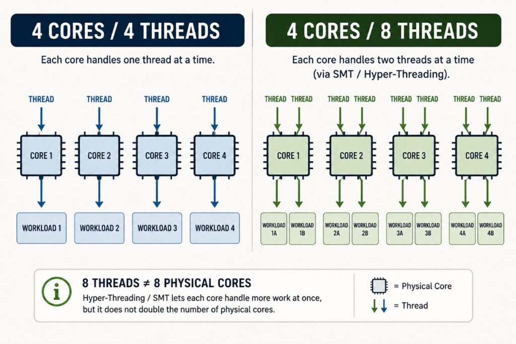 Are 4-Core CPUs Still Enough for Gaming - 4-core 4-thread vs 4-core 8-thread CPU comparison showing how SMT or Hyper-Threading adds logical threads.