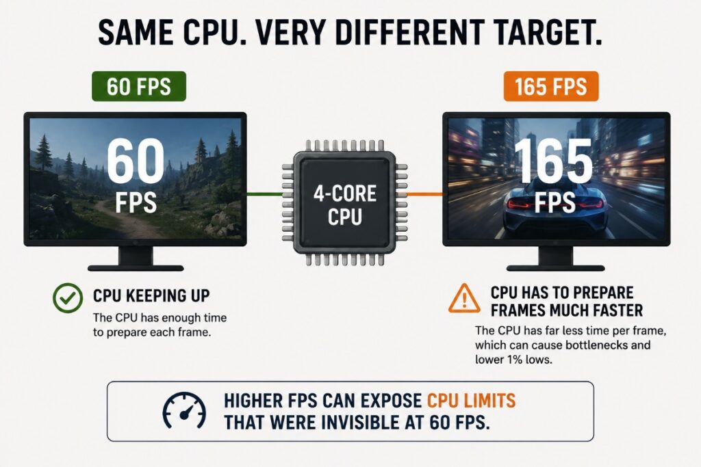 4-core CPU comparison showing how a 60 FPS target is easier to maintain than 165 FPS gaming.
