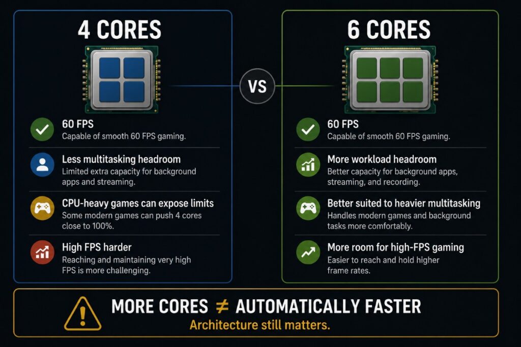 4-core vs 6-core CPU comparison for gaming, showing differences in multitasking headroom and high-FPS performance.
