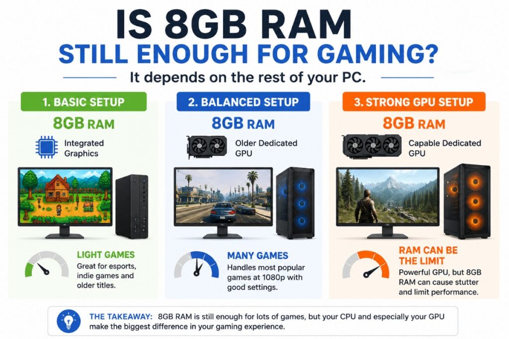 8GB RAM gaming comparison showing integrated graphics, an older dedicated GPU and a stronger GPU setup
