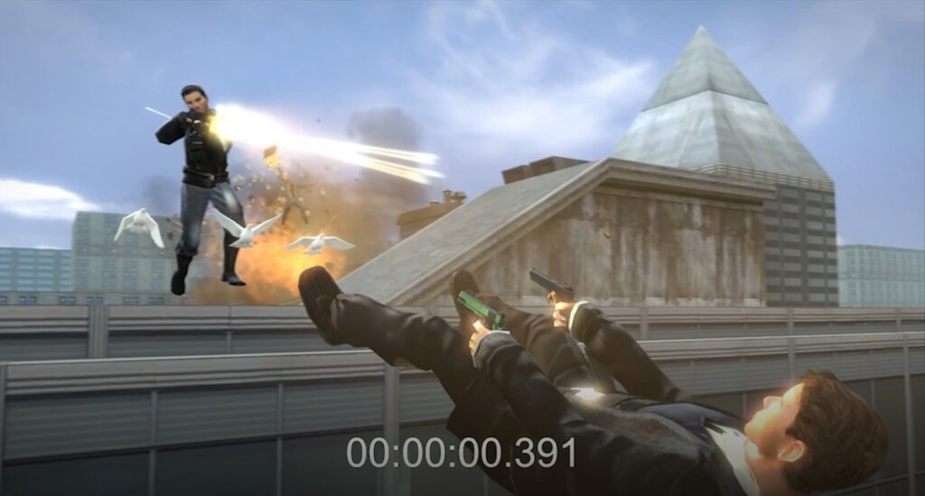Double Action: Boogaloo first-person gameplay during an action-movie-style gunfight
