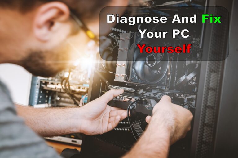 Gamer inspecting an open desktop gaming PC while using hardware monitoring software to perform a complete PC health check