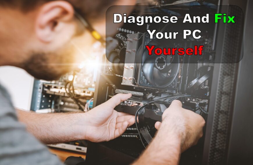 Gamer inspecting an open desktop gaming PC while using hardware monitoring software to perform a complete PC health check