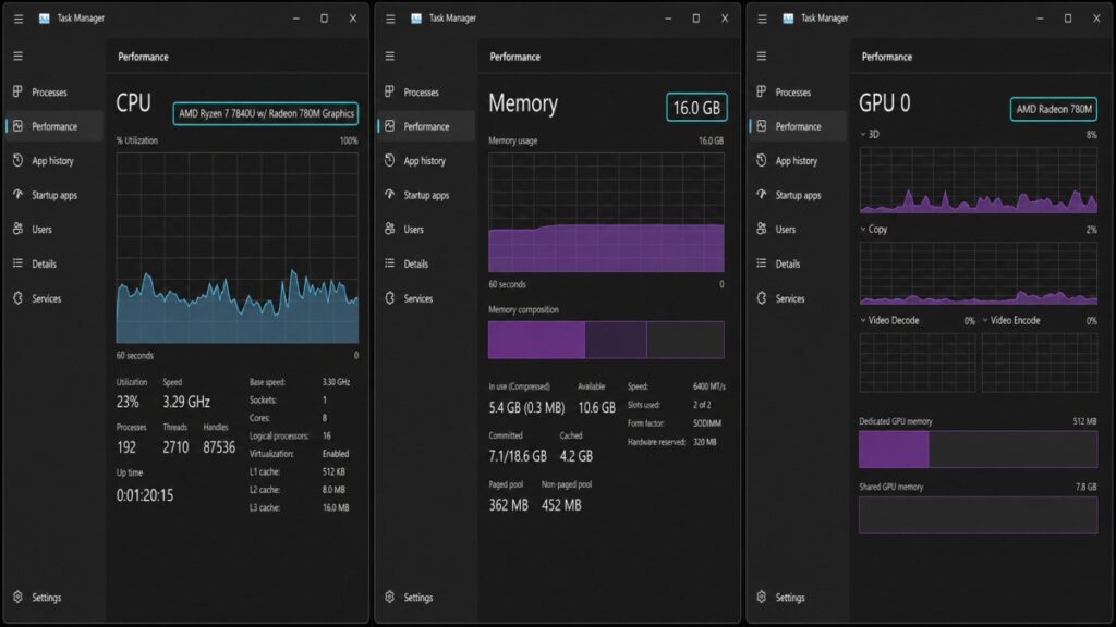 Windows Task Manager showing the Ryzen processor, installed RAM and AMD Radeon GPU name
