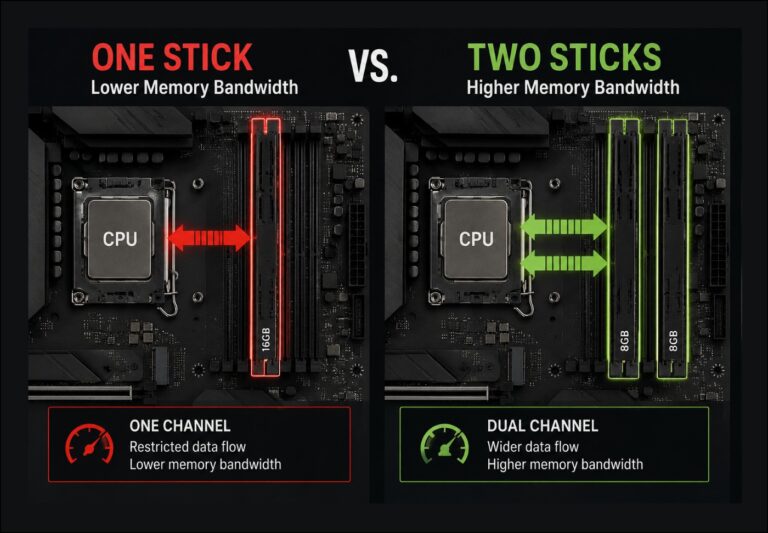 Single vs dual channel RAM for gaming comparison showing one RAM stick with lower memory bandwidth versus two sticks with higher bandwidth