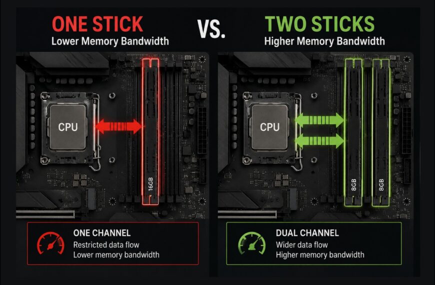 Single vs dual channel RAM for gaming comparison showing one RAM stick with lower memory bandwidth versus two sticks with higher bandwidth