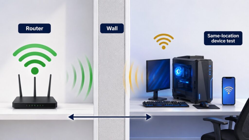 Gaming PC and smartphone testing WiFi signal through a wall away from the router