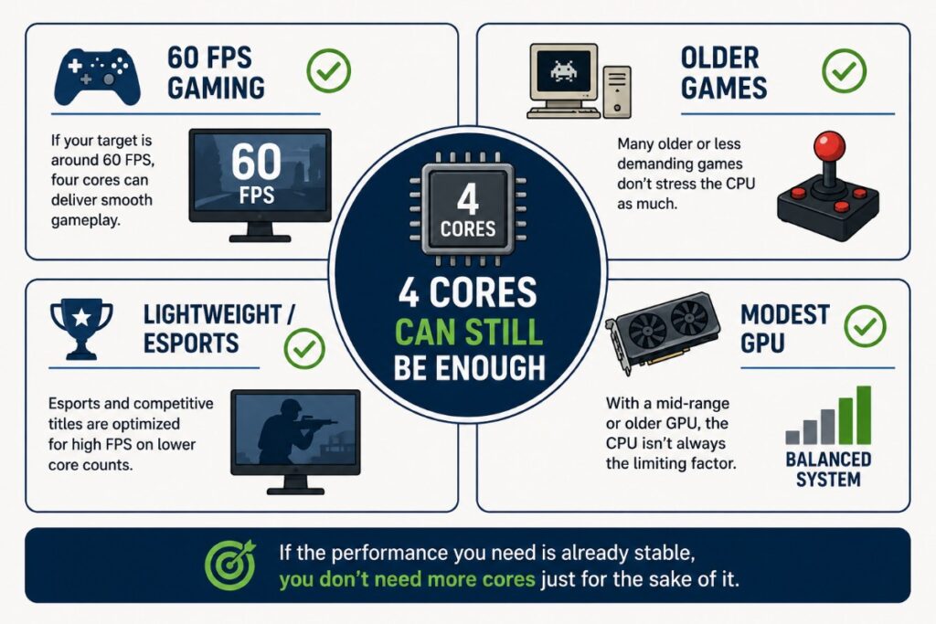 Four situations where a 4-core CPU can still be enough for gaming, including 60 FPS, older games, esports and modest GPUs.