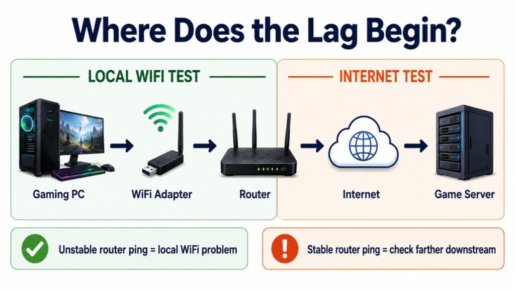 Diagram showing how to isolate WiFi adapter lag from router and internet problems