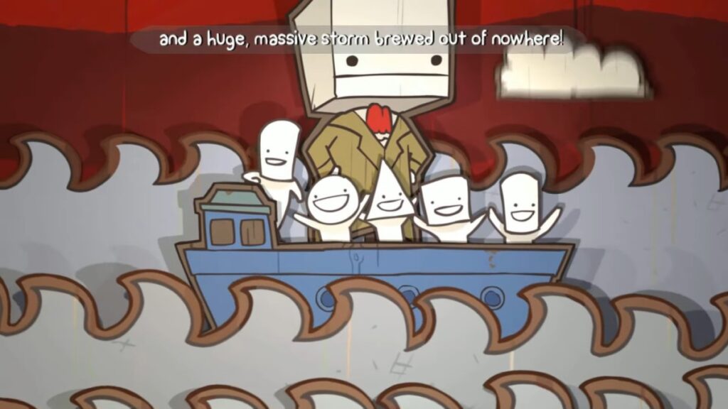 BattleBlock Theater two-player co-op gameplay in a platforming level
