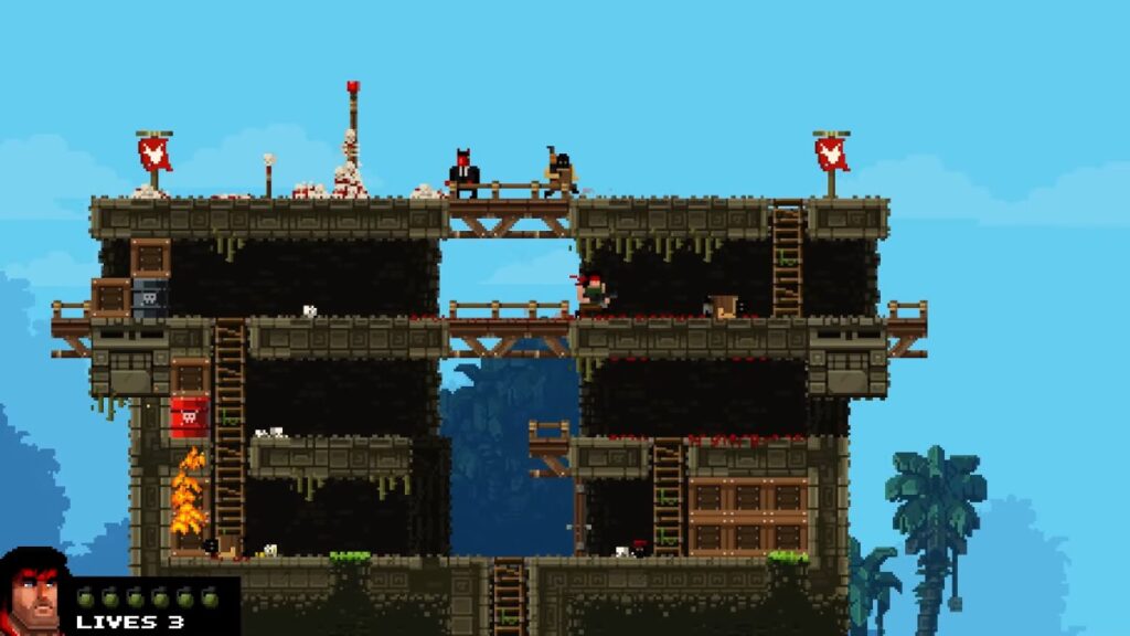 Broforce four-player co-op gameplay during an explosive action level