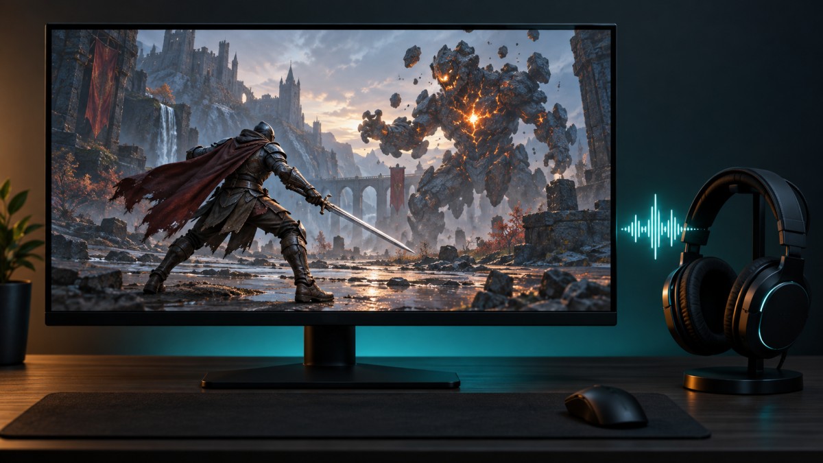 Game frozen on a PC monitor while audio continues through a headset.
