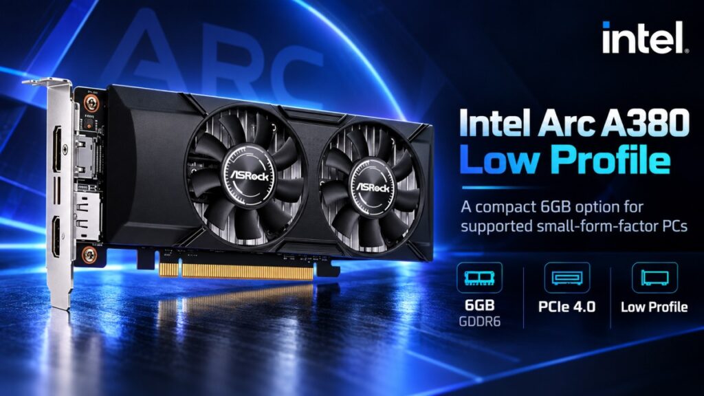 Intel Arc A380 Low Profile 6GB graphics card for compact PCs with Resizable BAR support.