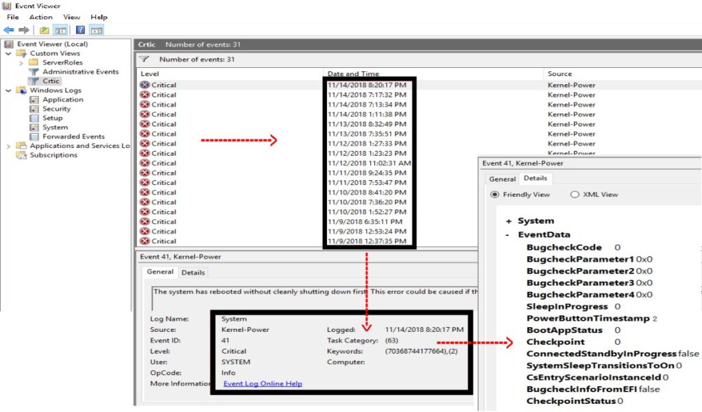 Windows Event Viewer showing Kernel-Power Event ID 41 after a PC restarts or shuts down while gaming