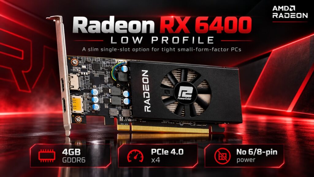 Radeon RX 6400 low-profile single-slot graphics card for compact small-form-factor PCs.