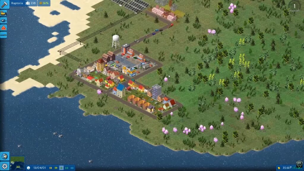 TheoTown city-building gameplay showing roads, zones and a developed city