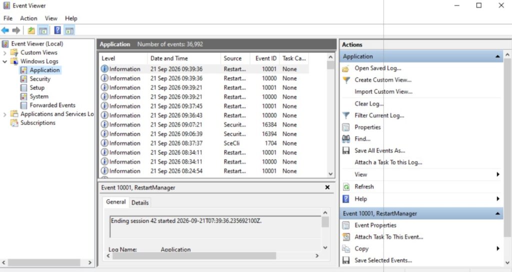 Windows Event Viewer showing the Application and System logs to check for errors at the time a game froze.
