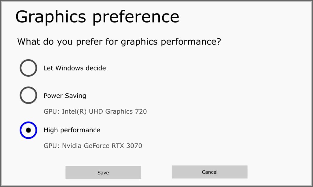 Windows Graphics settings showing the High performance GPU preference for a game