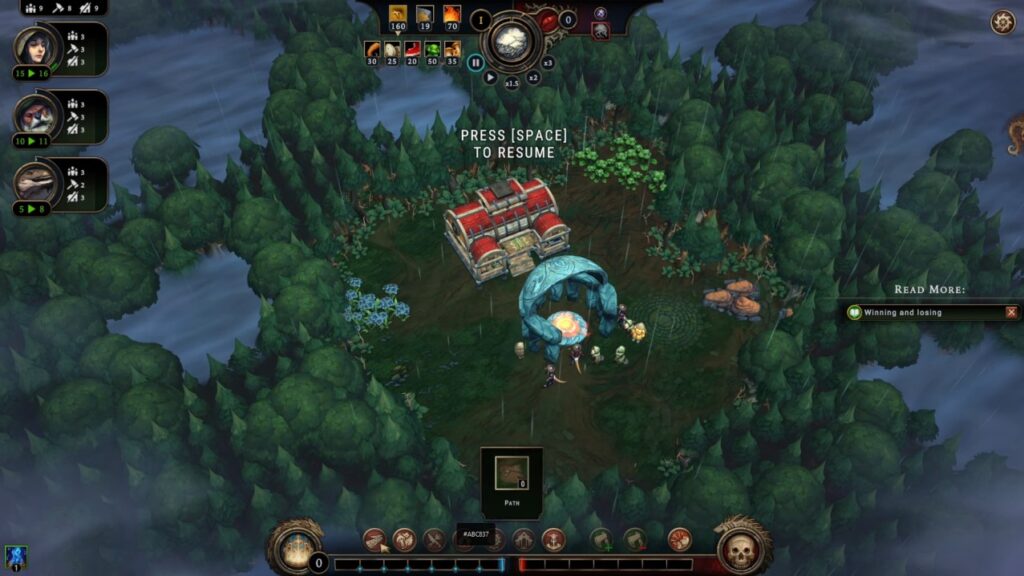 Against the Storm fantasy settlement with resource buildings in a hostile wilderness