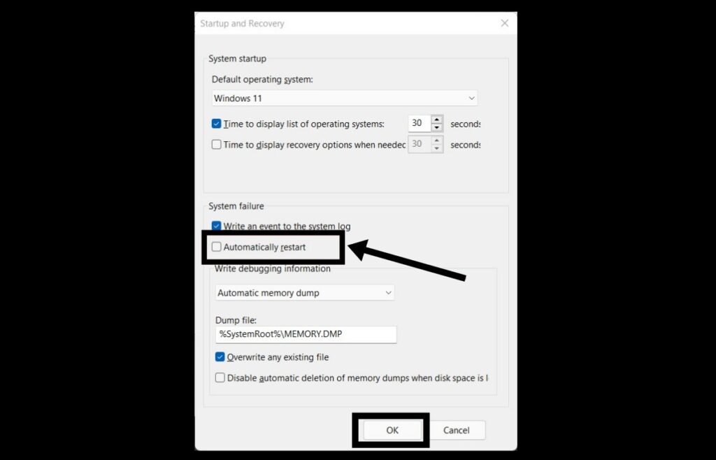 Windows Startup and Recovery settings with Automatically restart disabled