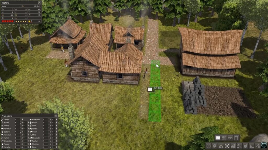Banished settlement with homes, resources and villagers in a rural landscape