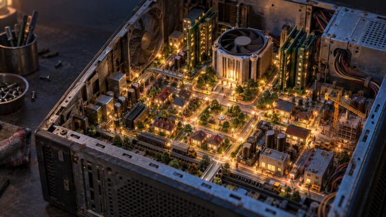 Miniature city built inside an old computer representing the best city-building games for low-end PCs