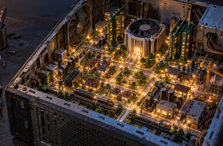 Miniature city built inside an old computer representing the best city-building games for low-end PCs