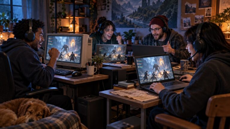 Friends playing co-op games together on low-end PCs and laptops