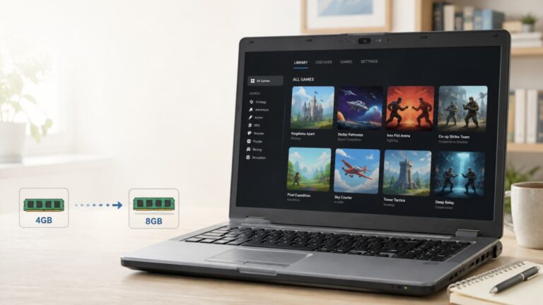 Older laptop displaying lightweight free PC games selected for 4GB and 8GB low-end systems