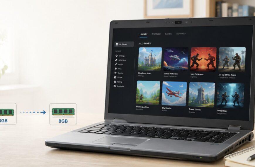 Older laptop displaying lightweight free PC games selected for 4GB and 8GB low-end systems