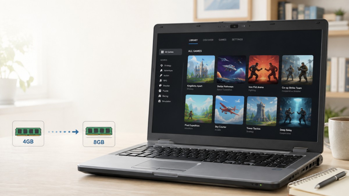 Older laptop displaying lightweight free PC games selected for 4GB and 8GB low-end systems