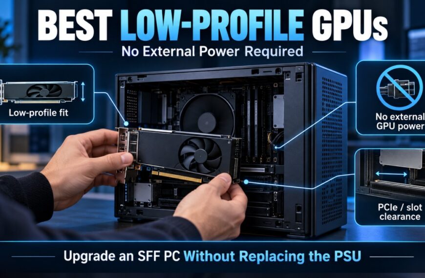 Best low-profile GPUs without external power shown with a small-form-factor PC, highlighting low-profile fit, no 6/8-pin GPU power cable and PCIe slot clearance.