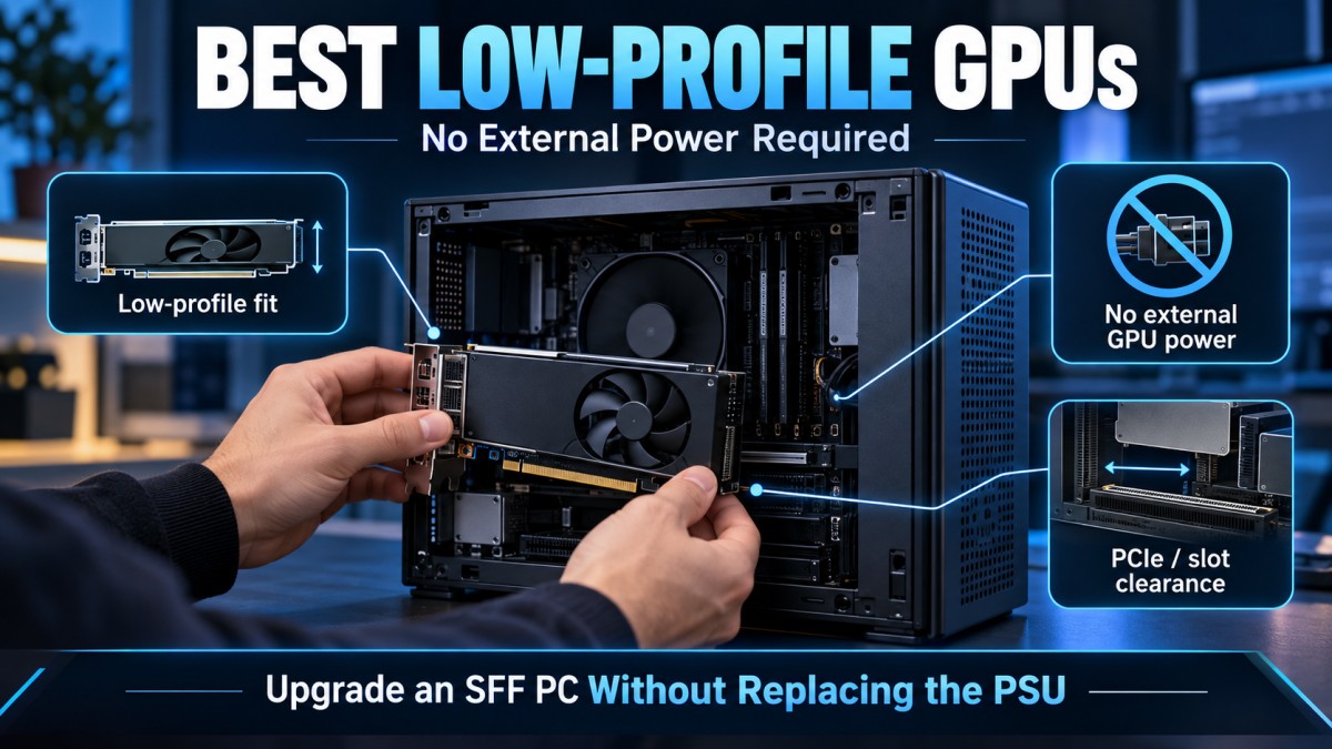 Best low-profile GPUs without external power shown with a small-form-factor PC, highlighting low-profile fit, no 6/8-pin GPU power cable and PCIe slot clearance.