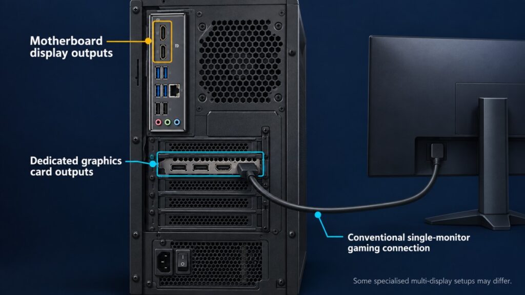 Rear of a desktop PC showing the monitor connected to the dedicated graphics card instead of the motherboard display outputs