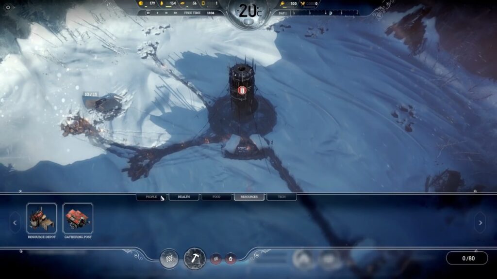 Frostpunk city built around the central generator in a frozen landscape