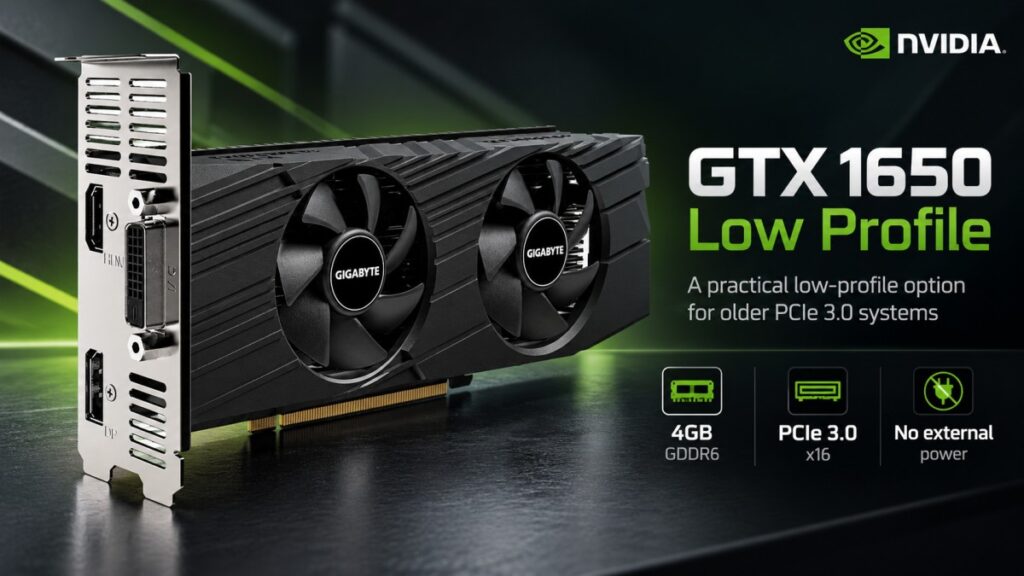 GeForce GTX 1650 Low Profile graphics card for older PCIe 3.0 small-form-factor PCs.