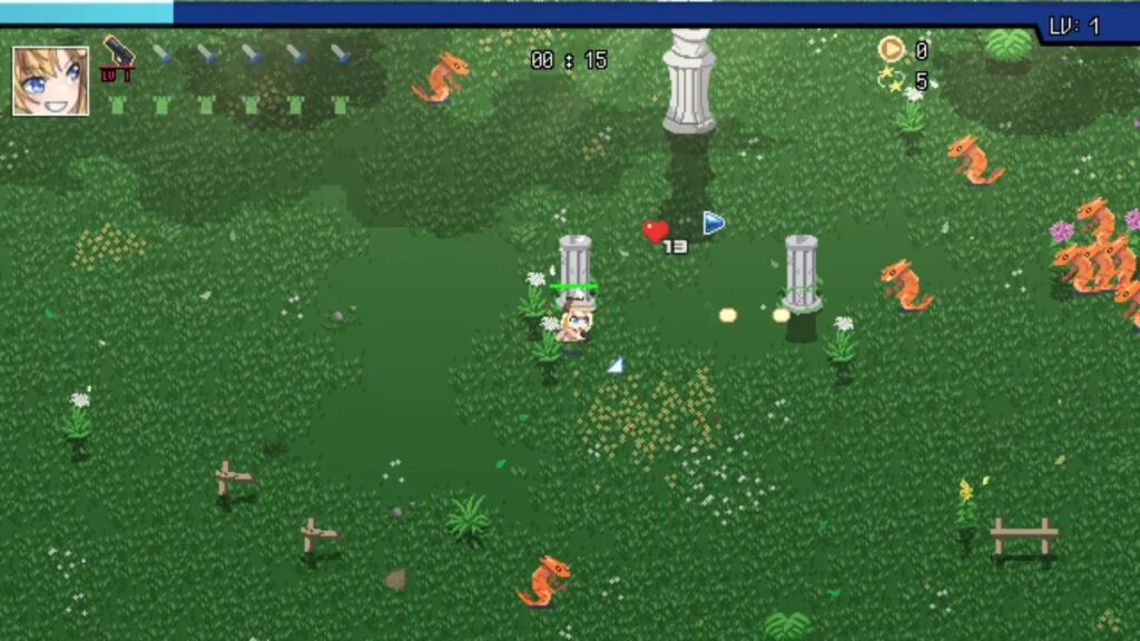 HoloCure gameplay showing a character surrounded by enemies and attack effects