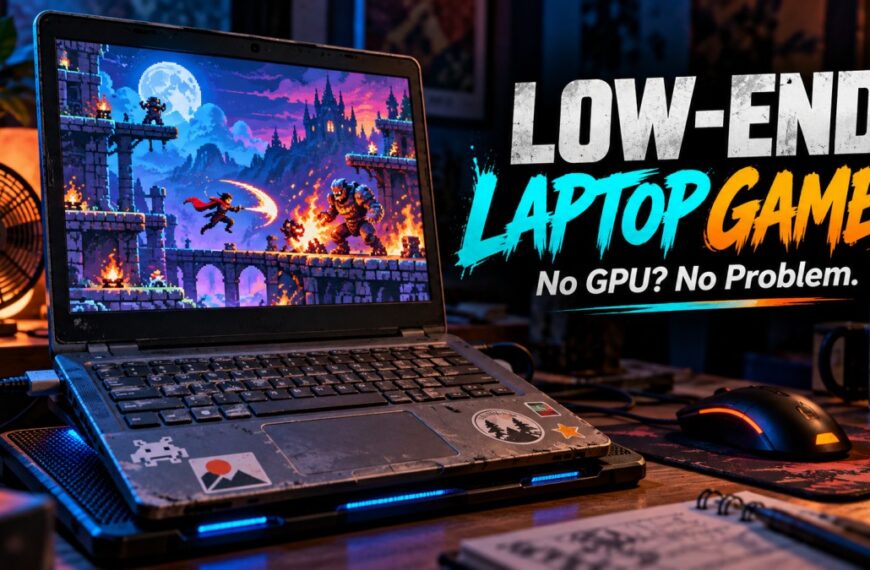 Old low-end laptop running a colorful lightweight game with text reading Low-End Laptop Games No GPU No Problem
