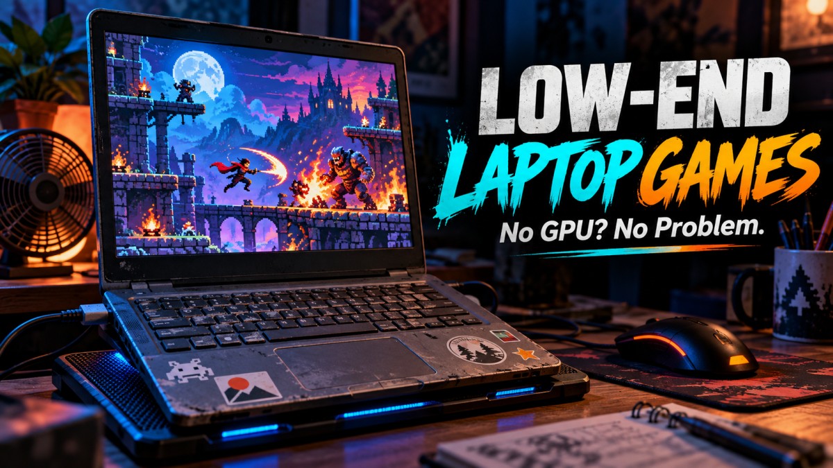 Old low-end laptop running a colorful lightweight game with text reading Low-End Laptop Games No GPU No Problem