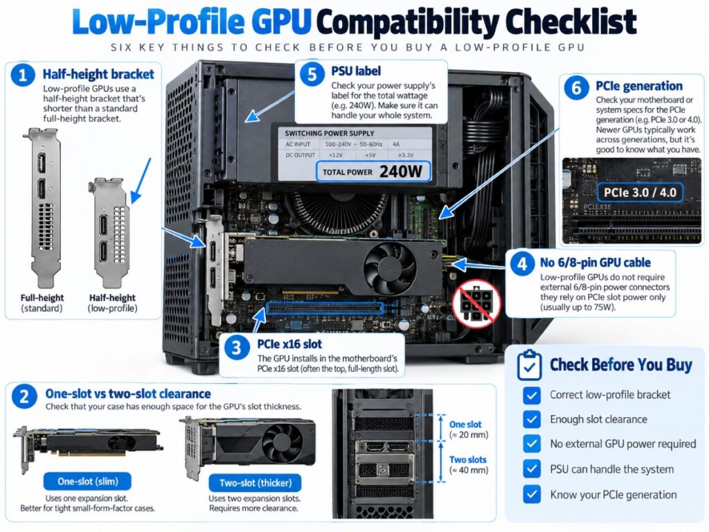 Low-profile GPU compatibility checklist showing half-height bracket, one-slot vs two-slot clearance, PCIe x16 slot, no 6/8-pin GPU cable, PSU label and PCIe generation.