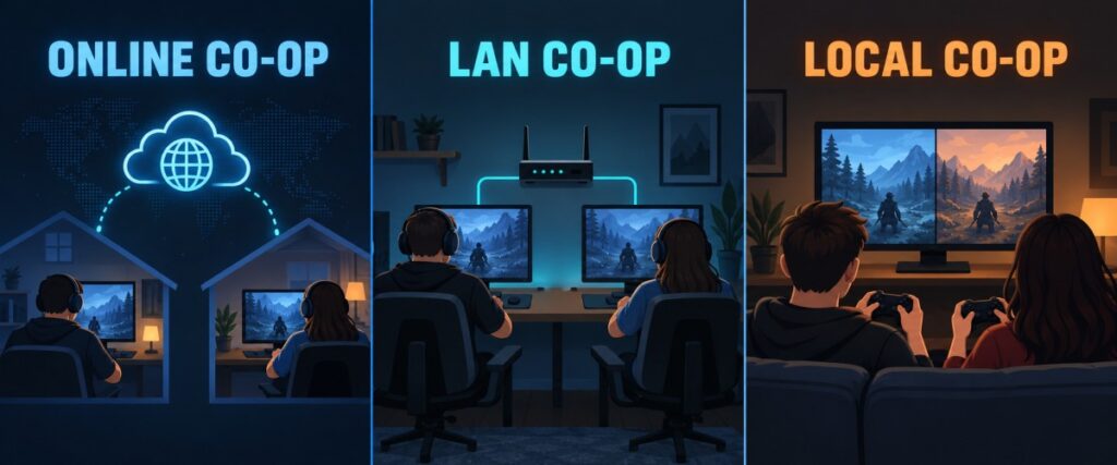 Best Co-Op Games for Low-End PCs comparison showing online play on separate PCs, a shared LAN network and two players sharing one PC
