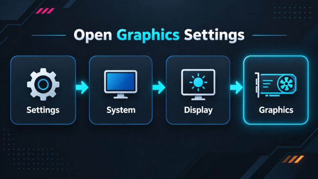 Windows 11 navigation path for a game using integrated graphics instead of dedicated GPU: Settings, System, Display and Graphics
