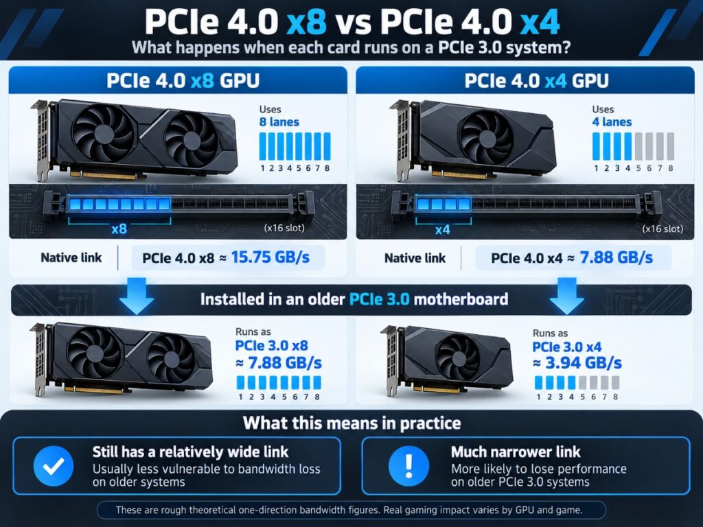 Low-Profile GPUs - PCIe 4.0 x8 vs PCIe 4.0 x4 comparison showing reduced bandwidth when each GPU runs on a PCIe 3.0 system.