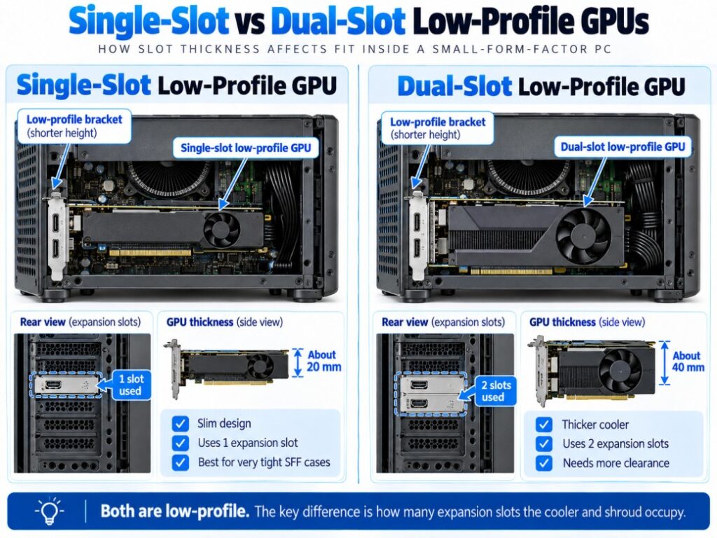 Single-slot vs dual-slot low-profile GPU comparison showing how each fits inside a small-form-factor PC and how many expansion slots each uses.