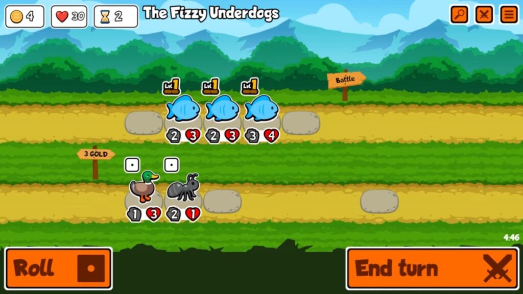 Super Auto Pets gameplay showing a team of cartoon animal units
