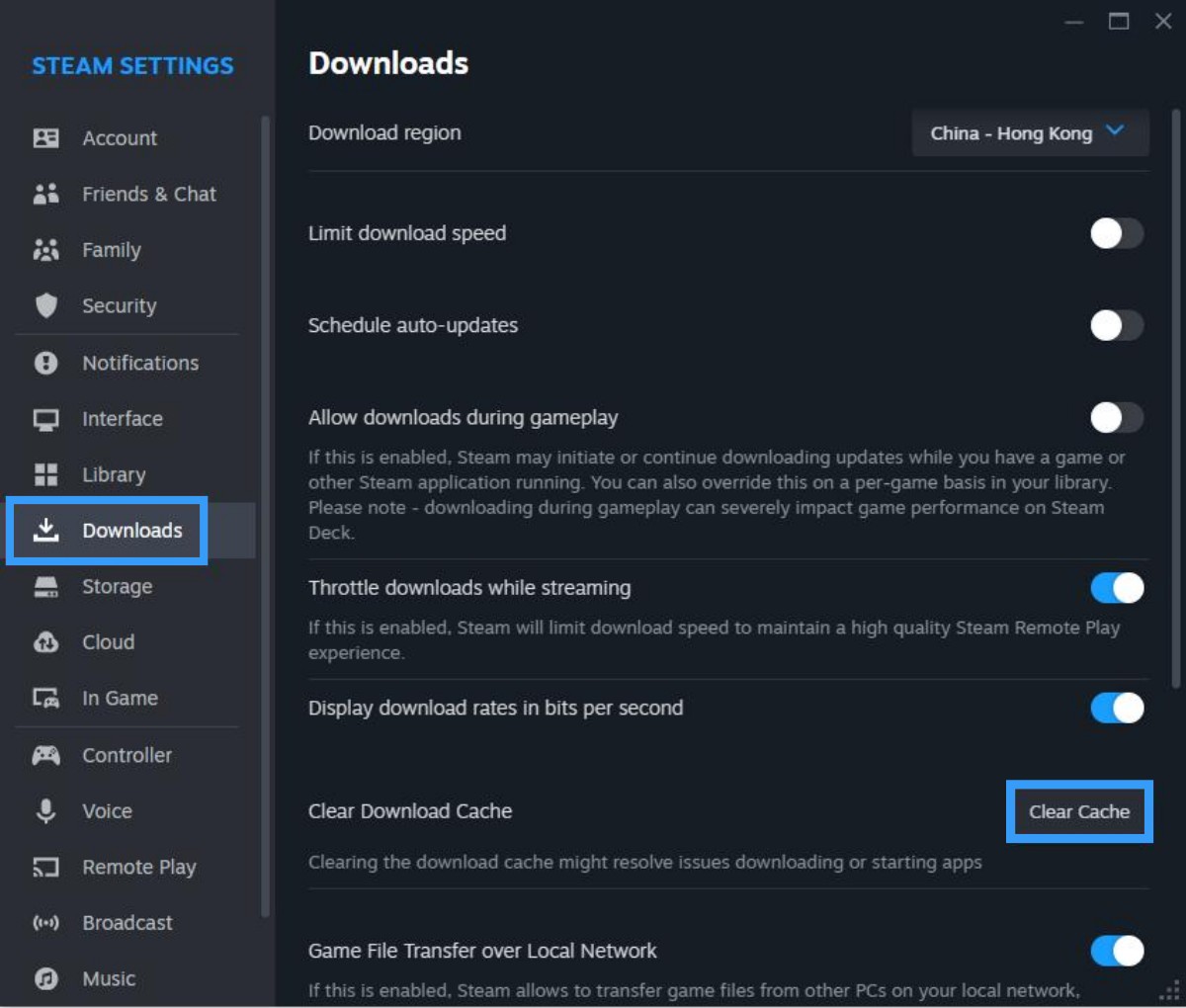 Steam Downloads settings showing download region and clear download cache options for troubleshooting download stalls.