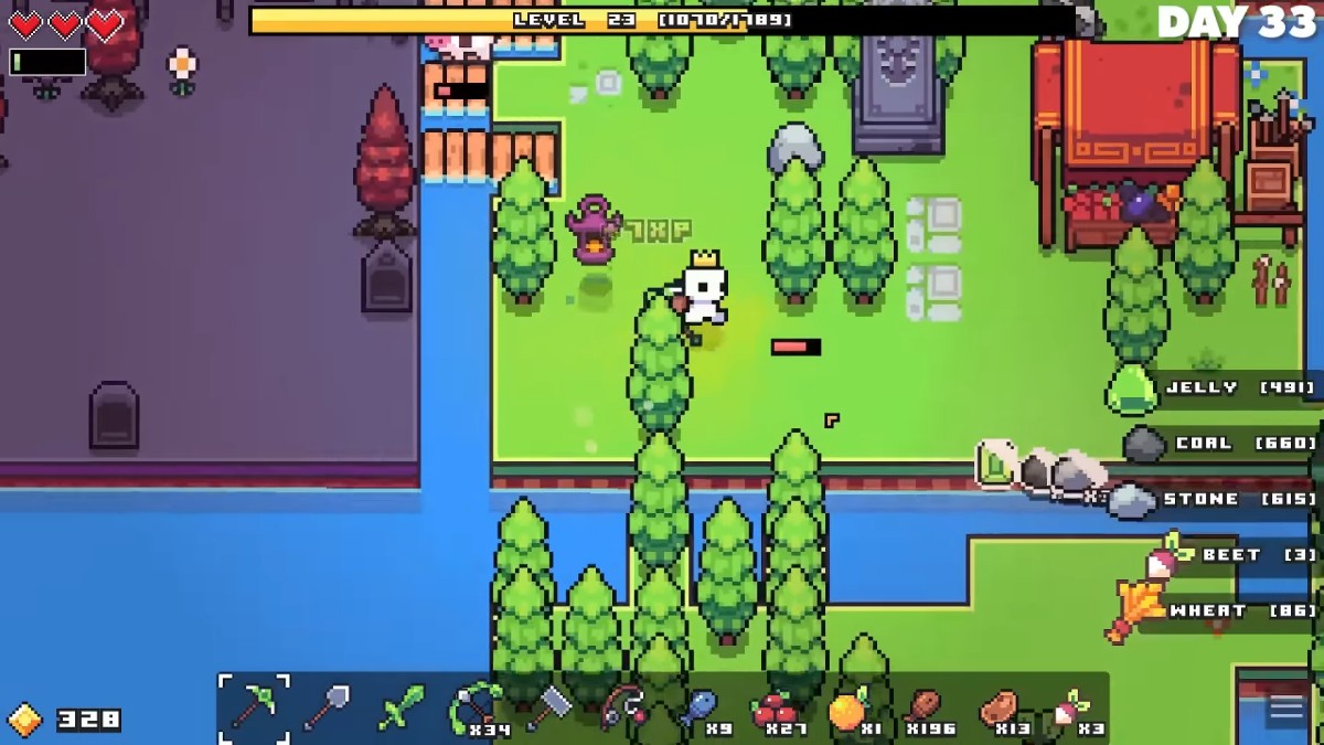 Forager gameplay in a pixel-art world built around gathering resources and crafting.