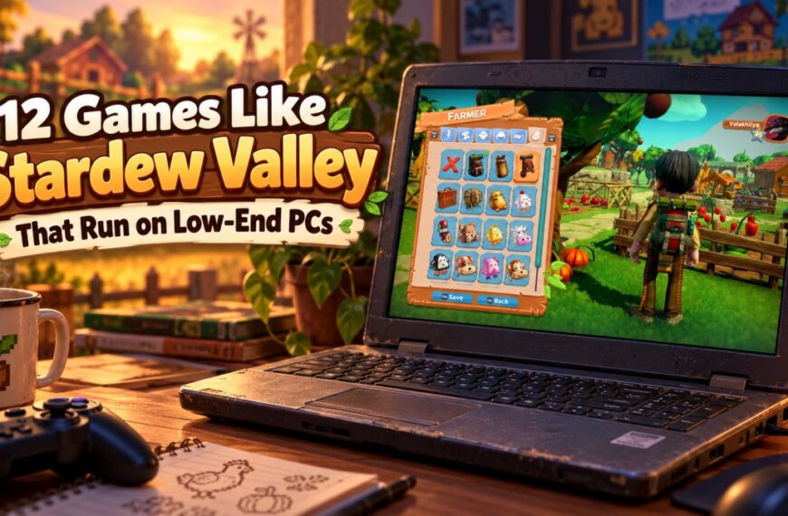 Older laptop displaying Farm Together gameplay beside the headline "12 Games Like Stardew Valley Low-End PC Requirements Compared