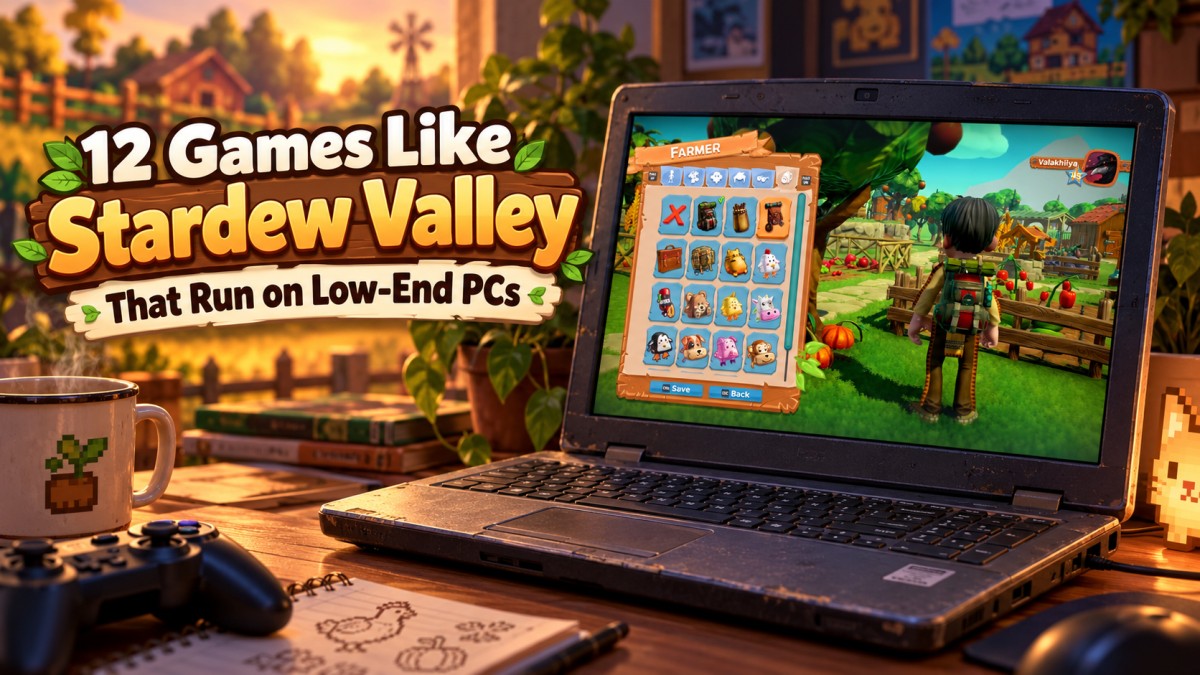 Older laptop displaying Farm Together gameplay beside the headline "12 Games Like Stardew Valley Low-End PC Requirements Compared