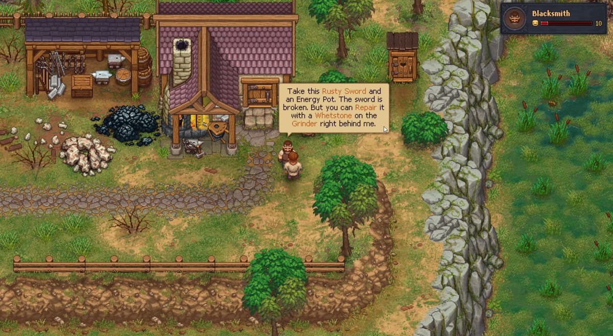 Graveyard Keeper gameplay showing its pixel-art graveyard management world.